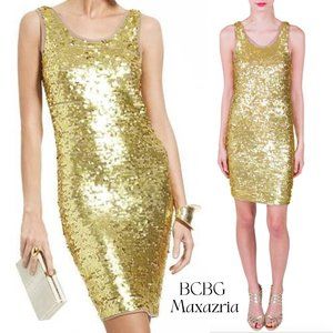 BCBG MAXAZRIA GLAM GOLD SEQUIN STRETCHY BODYCON DRESS SCOOP NECK, LINED SZ S